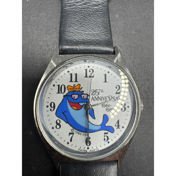 Vintage 80’s Charlie the Tuna 25th Anniversary Watch 1986 Black Leather Band - Picture 1 of 9